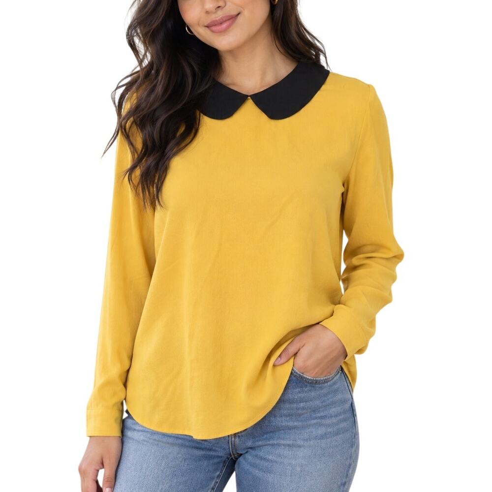 Innovation USA Medium Yellow Black Peter Pan Collar Long Sleeve Blouse Preppy